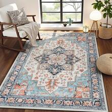 Washable Area Rug 5x7 - Soft Faux-Wool Area Rug Living Room Bedroom, Boho Vintage Floral Medallion Non-Slip Low Pile, Pet Friendly, Blue White - 橘藍 - View 1