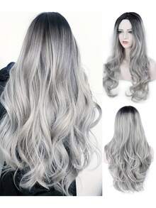 26英寸波浪假发，中分，深色发根，外观自然，耐热合成纤维，适合女性日常和派对佩戴，蓬松长款波浪卷发假发，带金色挑染。