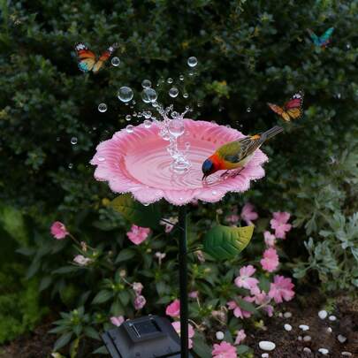 1 个粉色花瓣造型喂鸟器和彩色鸟浴盆，适用于户外花园，是花坛、草坪和露台装饰的理想之选，具有大容量食物储存功能——园艺爱好者的必备畅销产品！