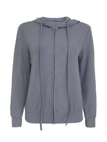 Plus Size Women Autumn/Winter Ribbed Ribbed Casual Hoodie Sweatshirt, Loose Knit Zip-Up Sweatshirt Long Sleeve Pullover - Grey - View 4