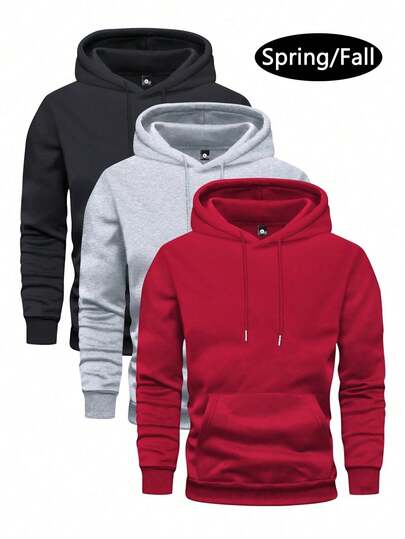 3 件套男士轻薄常规版型长袖连帽衫，带口袋，纯色基本款休闲运动外套，适合春秋季节，是送给丈夫/男朋友的绝佳礼物，适合街头、通勤、户外活动、度假