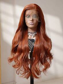 13x6蕾丝前假发，带婴儿发，30英寸长波浪卷合成纤维假发，耐热纤维，弹性帽，适合各种场合，高品质自然柔软合成纤维假发，女士圣诞礼物 - 亮橙色 - 查看 4
