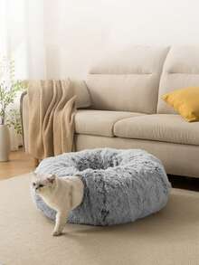 1pc HUITAIYANG Cat Tunnel, Cat Bed Pet Round Cave Cat Play Tunnel, Enclosed Cat Bed For All Seasons, Thick Plush Cat Bed & Tunnel For Autumn/Winter, Light Gray