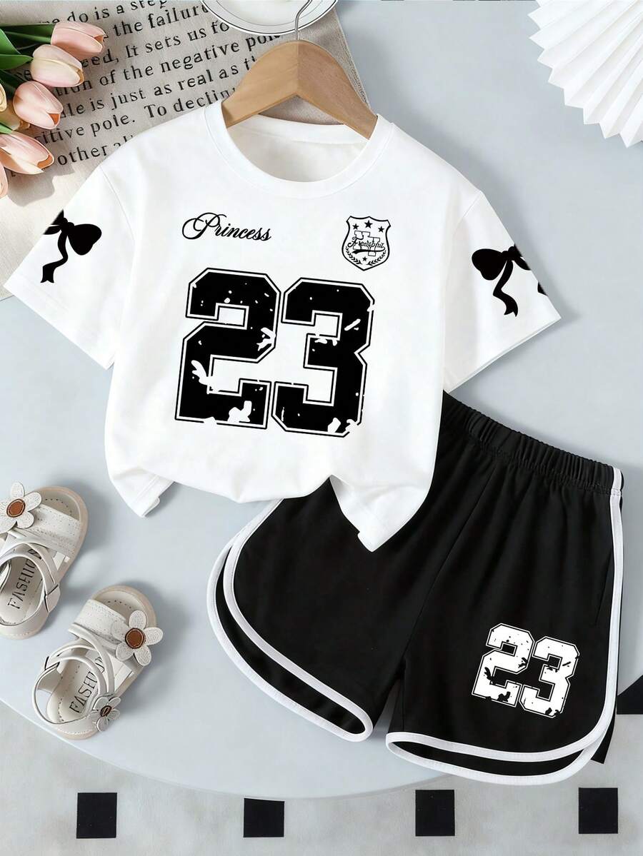 Young Girl Round Neck Numeric & Bow Print Short Sleeve T-Shirt And Elastic Waist Shorts Set - White - View 1