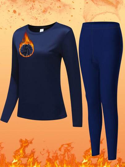 女士保暖内衣套装 - 圆领长袖上衣和长裤，优雅藏蓝色 | 保暖内衬，超保暖，透气修身 | 居家休闲、城市通勤、滑雪旅行和徒步旅行的理想之选 | 防静电，速干科技 | 秋季、圣诞节和假日季的冬季必备保暖单品