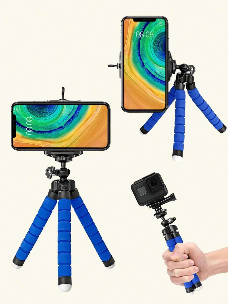 八脚三脚架，通用手机支架，带手机夹的便携式相机三脚架