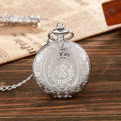 Silver-Tone Zinc Alloy Quartz Pocket Watch Necklace - Retro Floral Engraved Pocket Watch With Chain For Vintage Style Enthusiasts & Daily Fashion