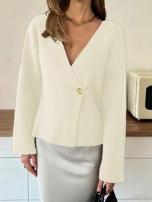 Apricot V-Neck Gold Button Long Sleeve Y2K Knit Cardigan For Women, Elegant Slim Fit Versatile Daily Commute Outings Spring Autumn Winter Sweater - Small White Apricot - View 3