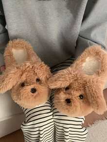 Women's Winter Indoor Slippers, Brown Cute Dog Design, Non-Slip Warm Thick Soft Sole - Brown - View 2