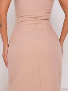 LXC Women's White One Shoulder Long Bridesmaid Dress With Side Slit - Bụi hồng - Xem 7