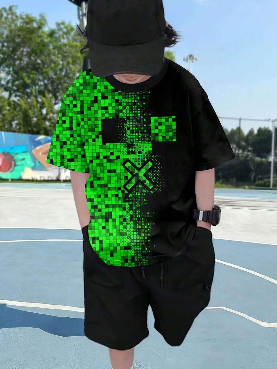 Casual & Fashionable Cartoon Graphic Round Neck Short Sleeve T-Shirt, Children's Outdoor Clothing, Hot Selling All-Season - Green - View 1