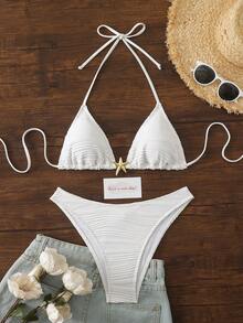 New 2 Pieces Wavy Pattern Fabric Fashionable Elegant Women's Bikini Swimwear, Casual Swimwear For Spring/Summer Beach, Vacation, Yacht Party White - White - View 3