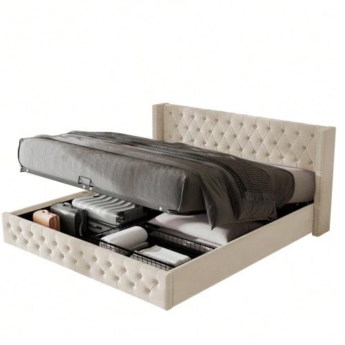 Upholstered Bed In An Ear Shape. Double Row Of Flannel Rivets, Buttoned Seams At The Head And Foot Of The Bed, Double Bed 140*200. Functional Hydraulic Bed. The Slatted Base Is Covered In Black, Stain-Resistant Fleece, Grey. - Beige 1 - View 1