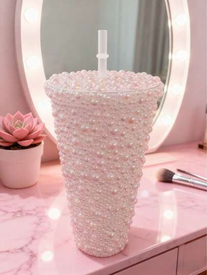 1pc Glamorous Pearl-Embellished Tumbler With Straw - Multi-Color Sparkling Drinkware For Stylish Sipping, Reusable & Eye-Catching Design, Perfect For Daily Use, Parties & Gifts, Elevate Your Hydration Game With These Chic Cups