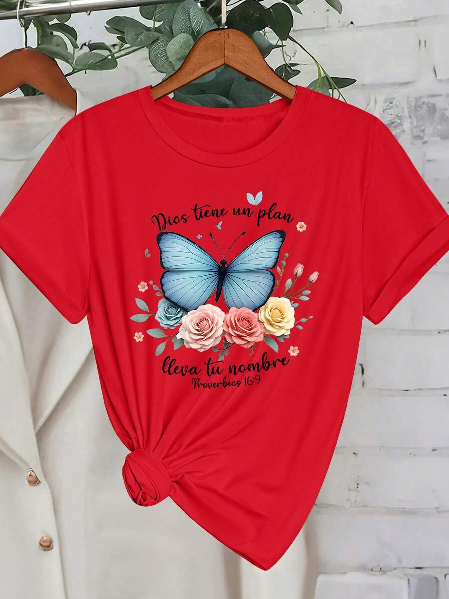 Howell 百搭时尚女款黑色短袖T恤，手绘雏菊和花卉印花，休闲清新 - 紅色 - 查看 1