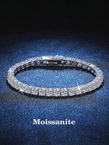 1条3毫米高品质嘻哈风四爪镶嵌莫桑石钻石网球手链，925纯银全镶钻，奢华高端精致珠宝，时尚首饰，新娘订婚礼物