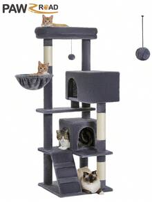 PAWZ Road Cat Tree For Large Cats With Super Large Top Platform, [56.3"=143cm] Tower For Indoor Cats With Hammock And Sleeping Bag, Cat Shelves With Scratching Posts And 2 Houses - 深灰色 - 查看 10