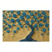 [2D Flat] 1Pc Framed Ready To Hang, Retro Graffiti Tree Tree Of Life Scenery Canvas Wall Art, Modern Abstract Blue & Gold Floral Tree Posters Painting Pictures Wrapped Framed Print, Home Decor Living Room Office Wall Decor For Glam Art Admirers, Ornate 3D Style - 藍色 - 查看 5