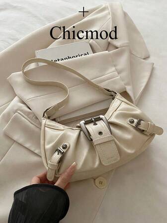 1pc Women's Retro Biker Punk Style Rivet Decor Adjustable Strap Large Capacity Soft Faux Oiled Leather Ombre Color One Shoulder Underarm Bag, Suitable For Work, Commute, Date, Party