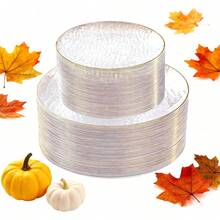 7/12/25/50个装透明塑料餐盘，厚实锤纹，金边装饰，包含10.25英寸餐盘和7.5英寸婚礼甜点盘。适用场合：日常用餐、婚礼、派对、生日派对、节日、迎婴派对、野餐、露营、周年纪念日。 - 透明金邊 - 查看 12