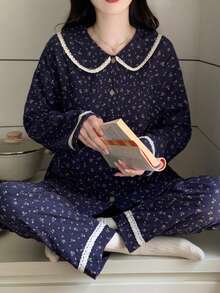 2pcs Women Pajama Set, Floral Print Crew Neck Long Sleeve Top And Floral Print Long Pants, Cute Cartoon Minimalist Style, Comfortable For Home & Leisure, Suitable For Spring, Autumn, Winter