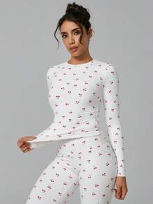 NcmRyu 1 Set Women Elastic Round Neck Printed Long Sleeve Tight Pants Sportswear Set - White - View 1