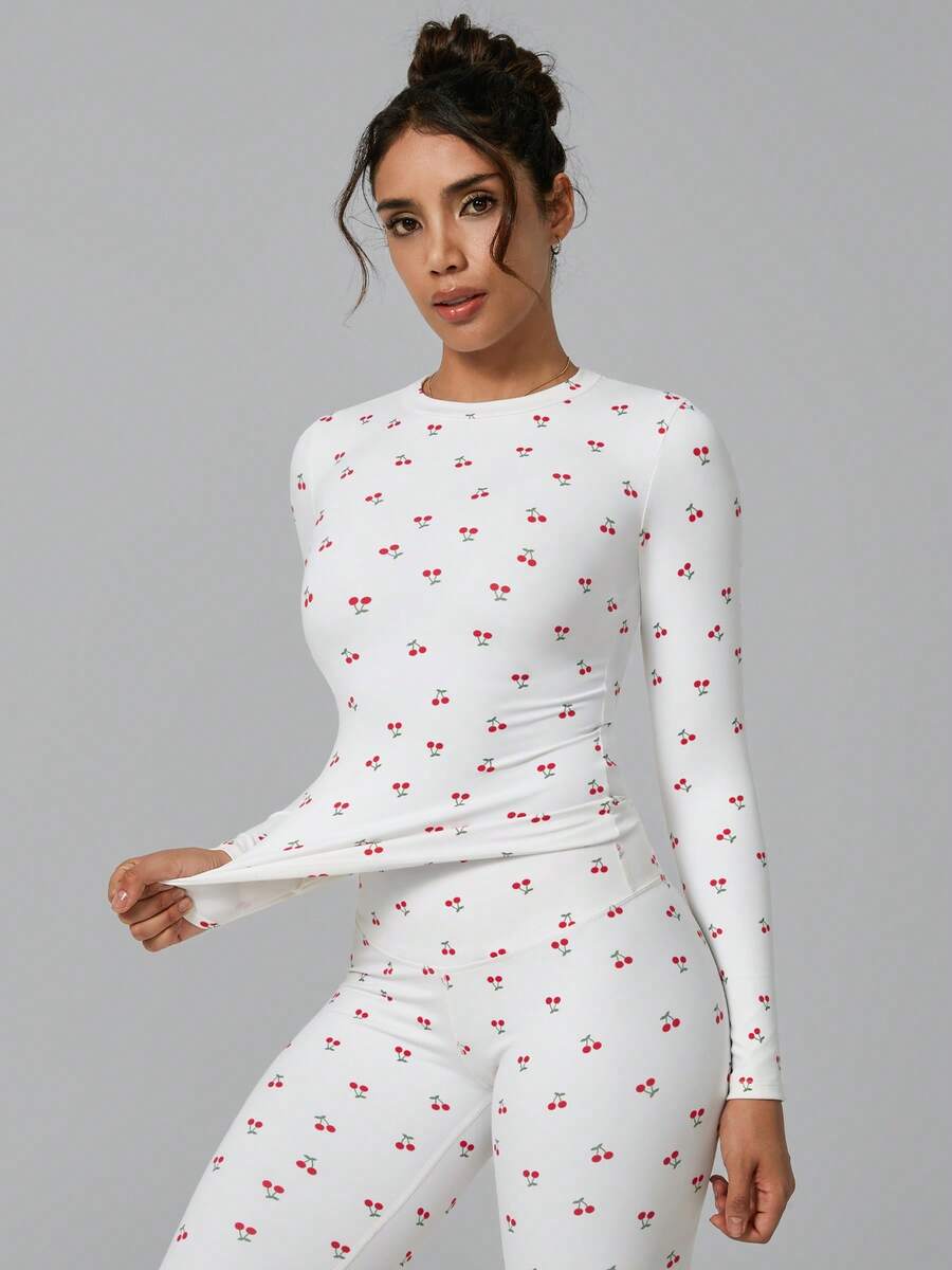 NcmRyu 1 Set Women Elastic Round Neck Printed Long Sleeve Tight Pants Sportswear Set - White - View 1