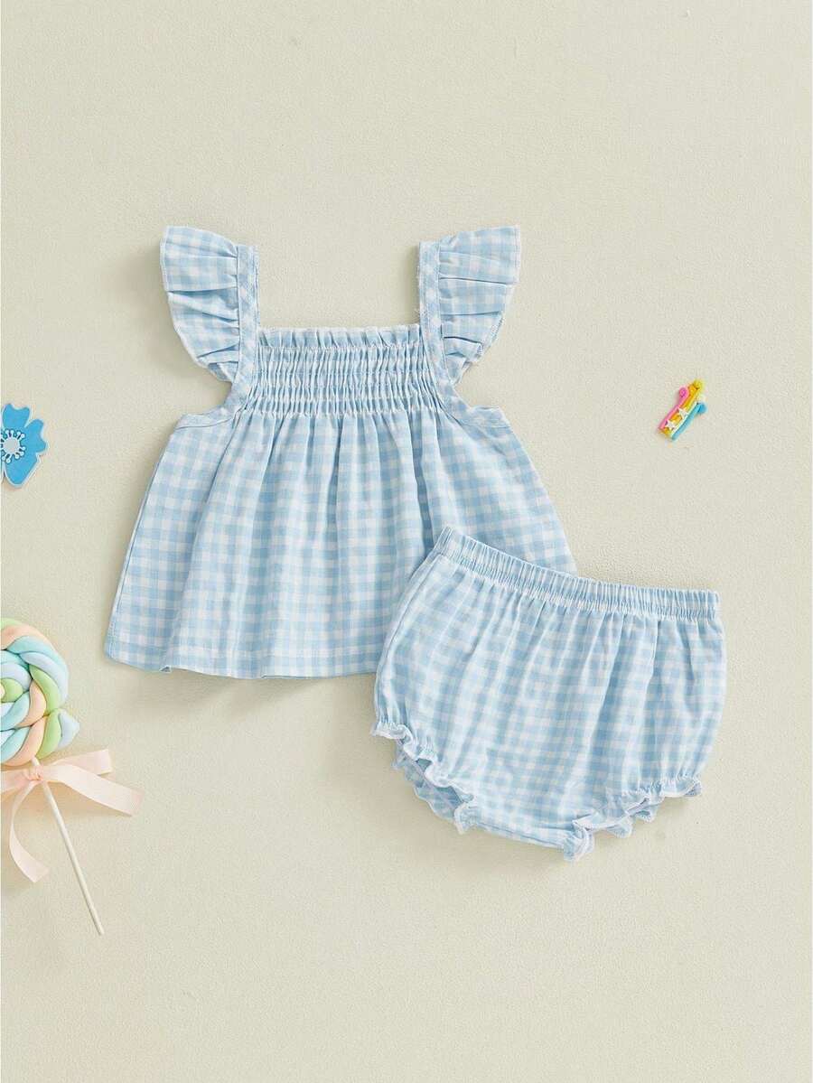 Baby Girl Summer Clothes Cute Ruffle Tops Dress Shorts Outfits Set Infant Toddler Shrit Bloomers Princess Outfit - 藍色 - 查看 1