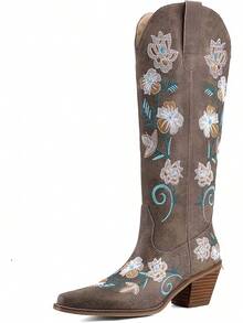 Women's Western Cowboy Boots Knee High, Floral Embroidered Vintage Cowgirl Boots With Pointed Toe & Chunky Heel, Pull-On Tabs For Country Style, Concert, Party And Daily WearChristmas - 復古棕色花卉 - 查看 1
