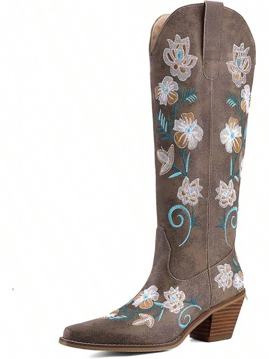 Women's Western Cowboy Boots Knee High, Floral Embroidered Vintage Cowgirl Boots With Pointed Toe & Chunky Heel, Pull-On Tabs For Country Style, Concert, Party And Daily WearChristmas - 復古棕色花卉 - 查看 1