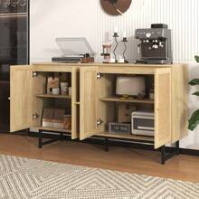 Sideboard 140x39.5x80 Cm Mit Echtem Rattangeflecht, 4 Türen - 卡其色 - 查看 2