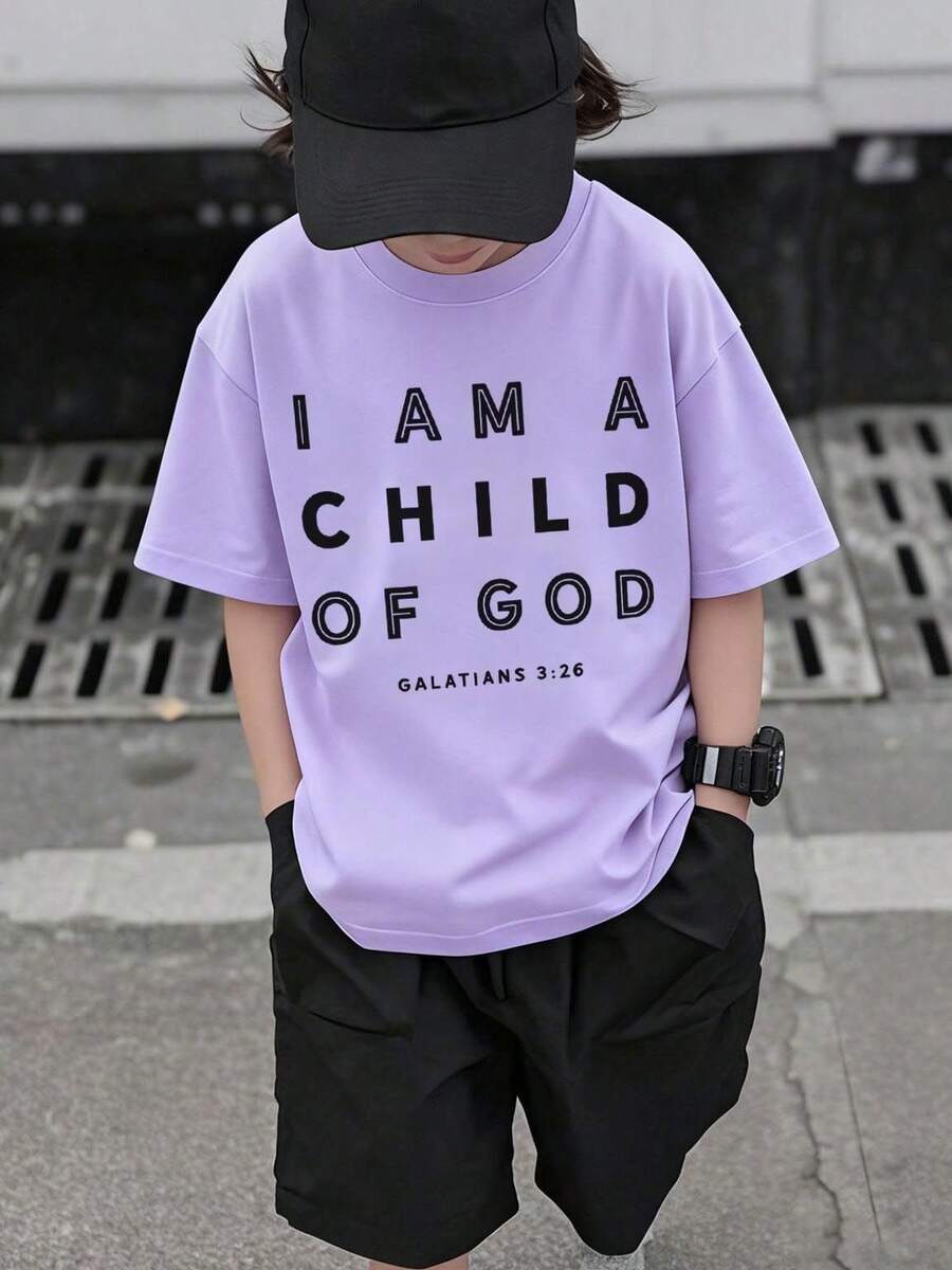 1pc Tween Boys' Slogan Print Short Sleeve T-Shirt, Young Student Casual Summer Top, Daily Wear - Purple - View 1