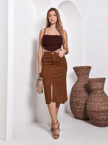 Long Jean Skirt With Frayed Hem - 鏽棕色 - 查看 5