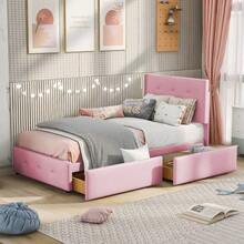 Upholstered Bed 90 X 200 Cm, Slatted Bed With Headboard And Two Drawers, Soft Velvet Fabric, Beige Single Bed, Children's Bed, Junior Bed, Guest Bed (Without Mattress) - Pink - View 2
