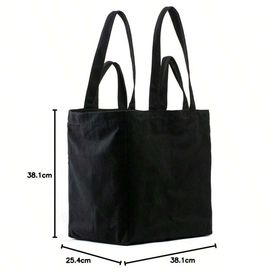 Canvas Grocery Bag 3pc XL Set With Real Pockets, Long Shoulder Strap And Short Handle. Heavy Duty, Foldable, Washable - Black - View 1