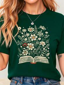 Camiseta de manga corta con estampado floral versátil Howell, camiseta casual con encantador estampado de flores de cuello redondo para mujer, top de verano para dama - Multicolor - Ver 3