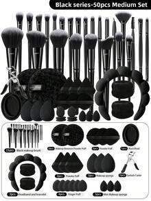 25/50pcs Makeup Brush Set, Includes Eye Shadow Brush, Eyebrow Brush, Foundation Brush, Powder Brush, Blush Brush, Concealer Brush And Highlighter Brush. Made Of Ultra-Soft Synthetic Fibers, Suitable For Daily Facial Makeup. Makeup Brush Set, Makeup Brush Set, Makeup Brush Set, Complete Makeup Tools, Makeup Brush Set, Complete Makeup Tools, Makeup Brush Set, Makeup Brush Set, Makeup Gift Set - Black - View 13