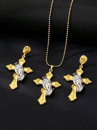 3件套复古祈祷之手十字架吊坠项链套装，男女皆宜的哥特嘻哈风格，做旧奢华珠宝