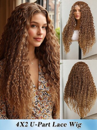 Khaki Color Deep Wavy Curly Long Hair - Long Heat-Resistant Synthetic Wig, Suitable For Women, 4 * 2 U-Part Lace Wig 28 Inch Split Wig - Party Costume, Daily Wear, Colorful Wig, Music Festival Gifts For Women Christmas Decorations Christmas Gifts Costume Wig