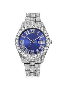 1 pieza Reloj de cuarzo de moda con calendario, totalmente cubierto de diamantes de imitación, con correa de acero para hombre, para fiesta - Azul - Ver 2