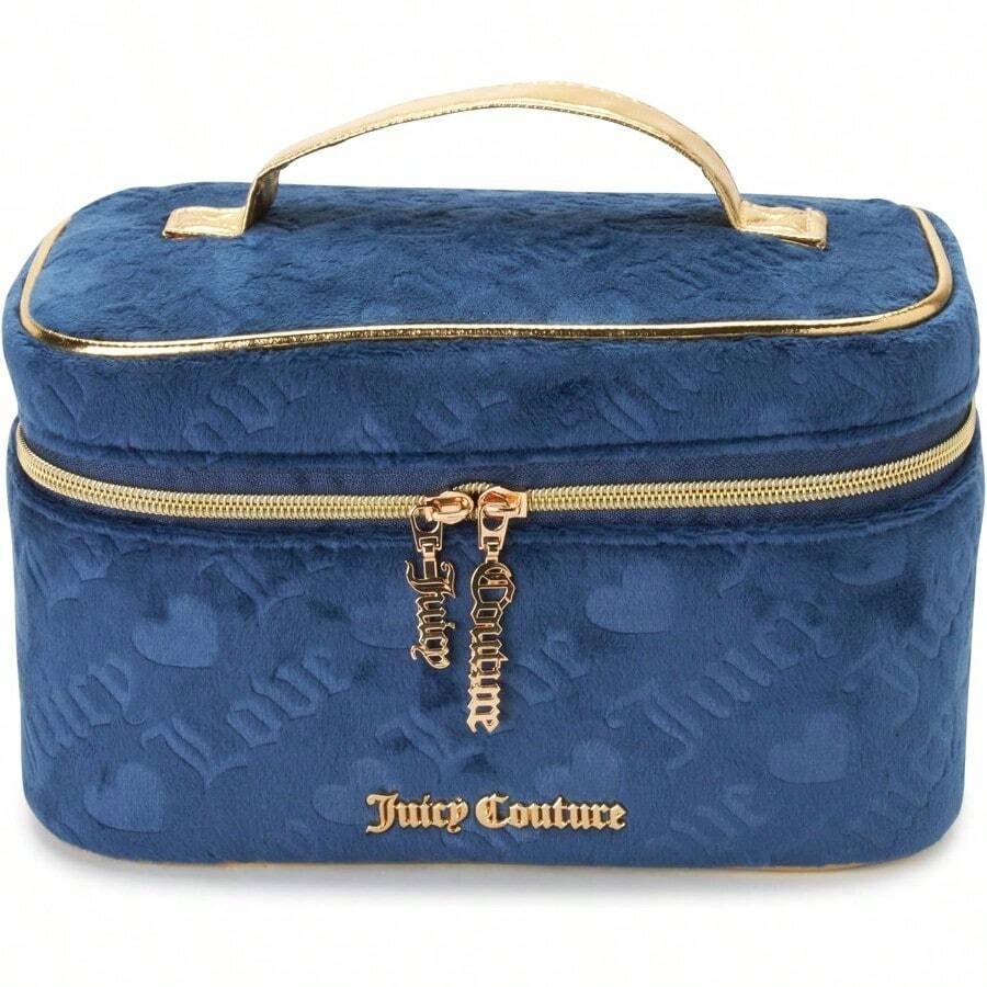 TYUI Juicy Couture Blue Makeup Bag Cosmetics Organizer Travel Essentials Train Case Velour Heart Logo - Blue - View 1