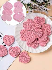 7pcs/Set Valentine's Day Heart-Shaped Cookie Cutters, Stamp Molds With Different Patterns: Stars/Puzzle/Roses/Hearts, Suitable For Fondant Cakes, Chocolate Molds, Holiday Parties, And Kitchen Baking Supplies. - Multicolor - View 1