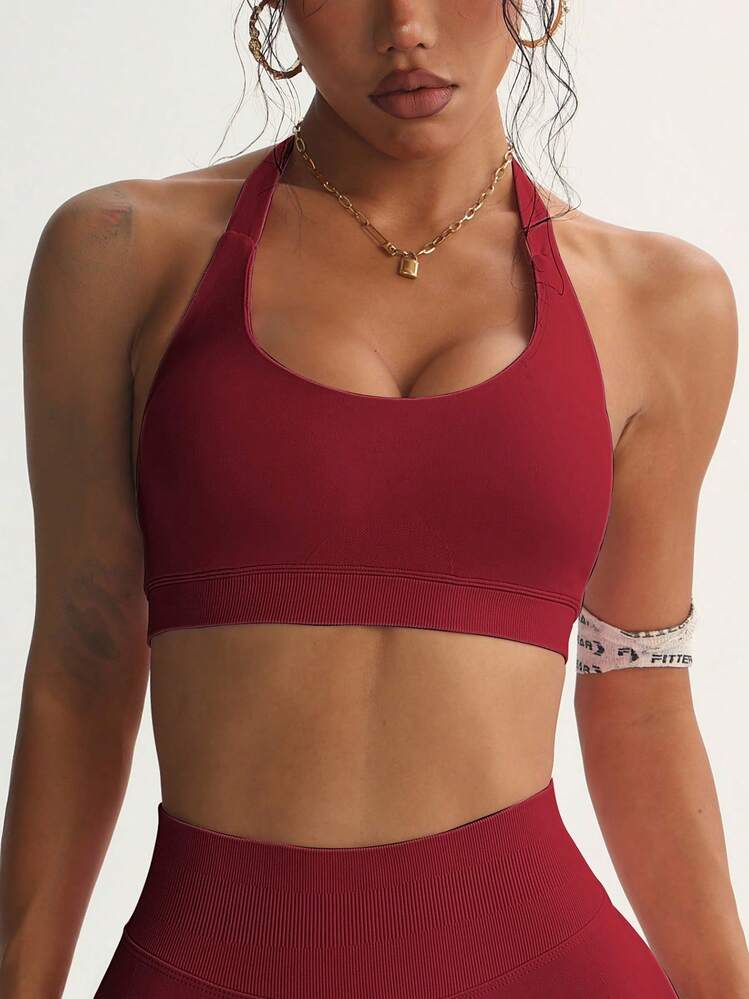 Women's Solid Color Quick Drying Comfortable High Elasticity Bra, Suitable For Yoga, Girls' Gym Exercise, Pilates Exercise, All Season Knitted Camisole Women's Underwear, Giving You The Best Exercise Experience, Women's All Season Sports Underwear - 紅色 - 查看 8