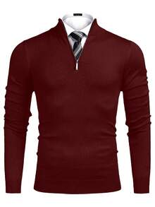 Men's Solid Color Half Zip Pullover Sweater, For Fall Winter - Burgundy - View 3