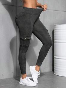 3pcs Women's Outdoor Cargo Pockets Skinny Pants, Washed & Camouflage Print High Waist Tight Leggings For Sports, Casual, Fitness