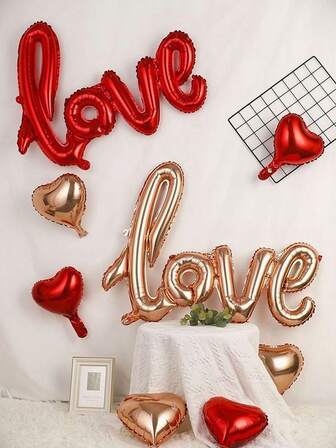 Set de 9 piezas de globos con diseño de corazón en color dorado rosa, set de globos con letras rojas para el Día de San Valentín, decoración de ambiente para propuesta, decoración para aniversario, decoración de fondo para boda, globos decorativos DIY, accesorios para fotos, adecuado para el Día de San Valentín, boda, aniversario, cumpleaños, tema de princesa, decoración para fiesta de propuesta