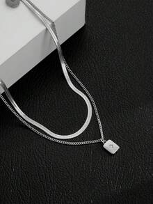 Nooxian 2件套不锈钢刀片链方形铜微镶嵌闪亮锆石双层吊坠项链 - 銀色 - 查看 5