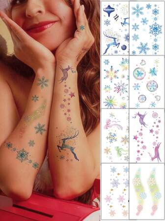 8 PCS Sparkly Christmas Temporary Tattoos - Glitter Snowflake Reindeer Snowman Bow Designs, Festive Body Art For Holiday Party Music Festival, Perfect Christmas Gift For Family Friends