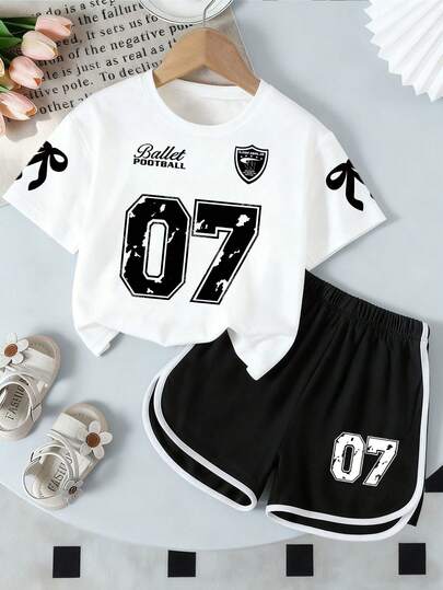 Young Girl Numeric Print Short Sleeve T-Shirt And Shorts Set