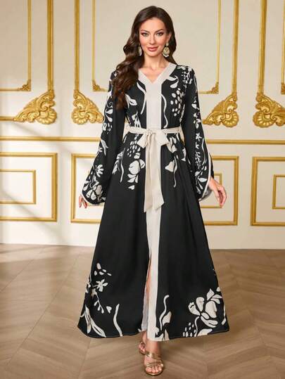 斋月斋月服装，经典黑色和米色轮廓印花撞色长袍，复古 V 领花瓣袖系带高开衩下摆女式长裙